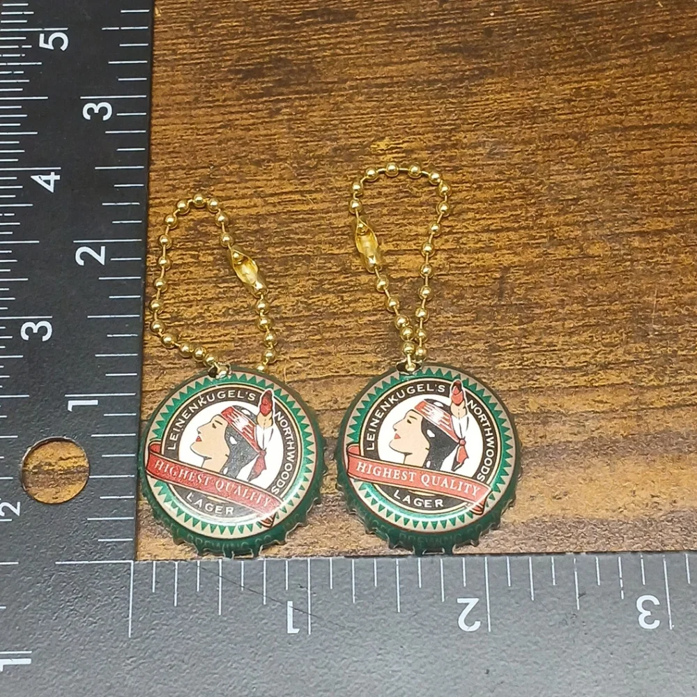 Lot of 2 Leinenkugel's Indian Maiden Keychains, Vintage Bottle Cap Crowns